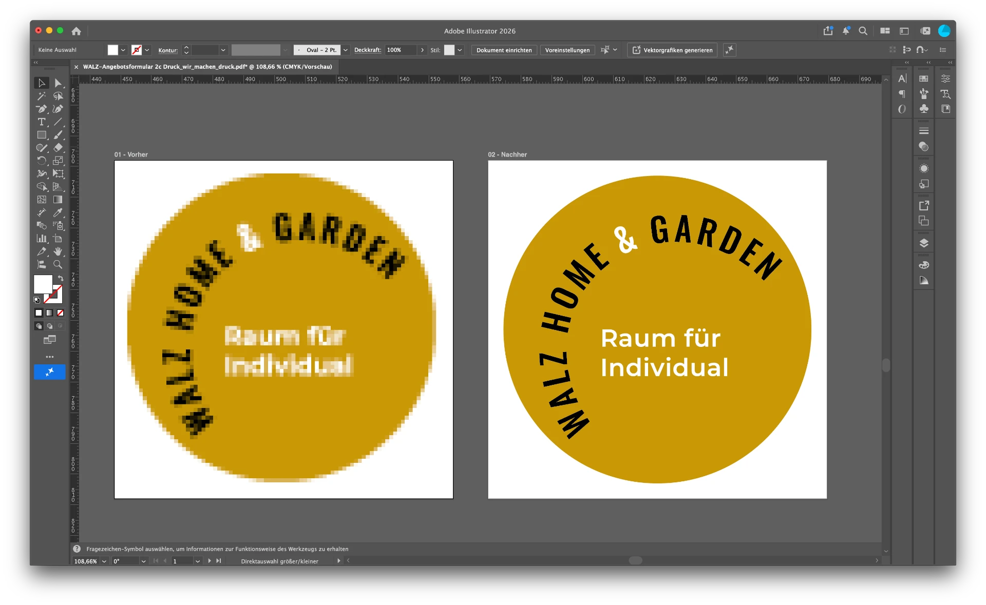 Screenshot aus Adobe Illustrator: Vorher-Nachher-Vergleich einer Logo-Vektorisierung